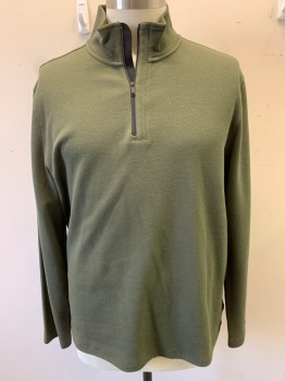 Mens, Pullover Sweater, DKNY, Dk Olive Grn, Poly/Cotton, Solid, XL, Long Sleeves, Half Zip, Stand Up Collar, Rib Knit, Logo Tag in Side Seam