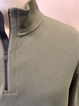 Mens, Pullover Sweater, DKNY, Dk Olive Grn, Poly/Cotton, Solid, XL, Long Sleeves, Half Zip, Stand Up Collar, Rib Knit, Logo Tag in Side Seam