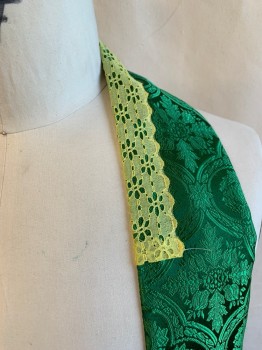 Unisex, Piece 2, N/L, Kelly Green, Gold, Silk, Medallion Pattern, Christian, Priest, Orarion, Stole, Green Damask Medallions, Yellow Eyelet Lace at Neck, Gold Applique Tacked On, Gold Fringe