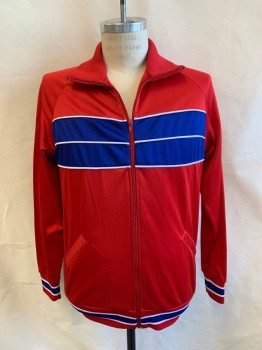 Mens, Athletic, BROADWAY SUPPLY, Red, Primary Blue, White, Polyester, Color Blocking, Stripes, M, Track Jacket - C.A., Zip Front, 2 Pockets, MULTIPLES