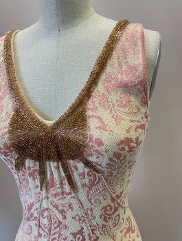 Womens, Dress, Sleeveless, FREE PEOPLE, Blush Pink, Cream, Rayon, Nylon, Brocade, B:30, S, W:24, V-N, Knit Brocade Pattern, Beaded Necklace And Detailing, Self Piping Style Lines