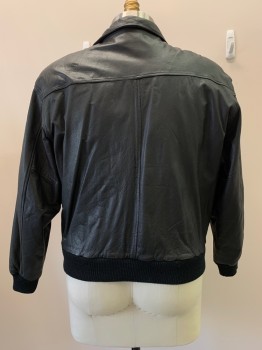 Mens, Leather Jacket, NO LABEL, Black, Leather, Solid, C48, L/S, Zip Front, Collar Attached, Top And Side Pockets,