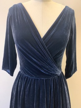Womens, Evening Gown, NO LABEL, Midnight Blue, Cotton, Solid, W25, B32, Mid Sleeves, V Neck, Crossover, Velvet Texture, Pleated, Back Zipper,