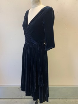 Womens, Evening Gown, NO LABEL, Midnight Blue, Cotton, Solid, W25, B32, Mid Sleeves, V Neck, Crossover, Velvet Texture, Pleated, Back Zipper,