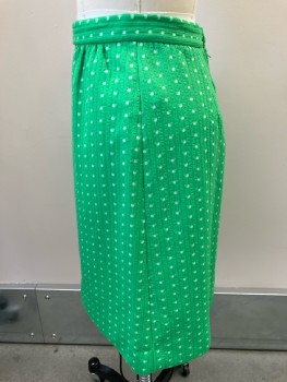 Womens, 1960s Vintage, Skirt, NL, W 26, Green with White Polka Dots, Ribbed, Back Zip, Below Knee Length, Polyester