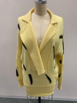 Womens, Sweater, ESCADA, Yellow, Mohair, Polyamide, B38, M, Black Abstract Long Shapes, Over-sized Look, C.A., Surplice, L/S