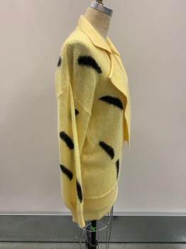 ESCADA, Yellow, Mohair, Polyamide, Black Abstract Long Shapes, Over-sized Look, C.A., Surplice, L/S