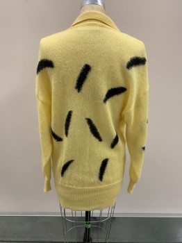 ESCADA, Yellow, Mohair, Polyamide, Black Abstract Long Shapes, Over-sized Look, C.A., Surplice, L/S