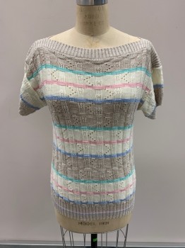 KENNETH TOO!, Ecru, White, Mint Green, Pink, Baby Blue, Acrylic, Stripes - Horizontal , Knit, Boat Neck, S/S