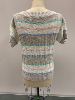 Womens, Top, KENNETH TOO!, Ecru, White, Mint Green, Pink, Baby Blue, Acrylic, Stripes - Horizontal , B: 34, Knit, Boat Neck, S/S