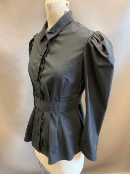 N/L MTO, Black, Cotton, Solid, Long Puffy Leg O'Mutton Sleeves, Button Front, Collar Attached, Darts at Waist, Attached Self Belt at CB Waist, Made To Order, **Belt Missing Closure at Front
