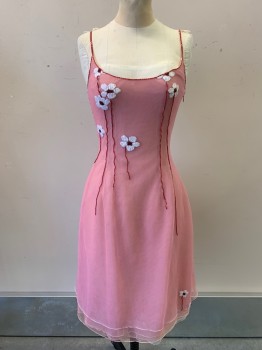 GUY LAROCHE, Bubble Gum Pink, Red, White, Polyamide, Solid, Floral, Hem at Knee, Spaghetti Strap, Netting Overlay, Flower Beading and Embroidery, Zip Back