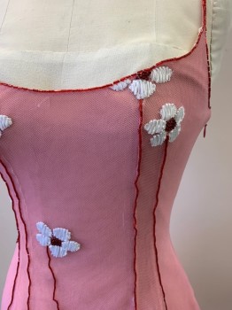 GUY LAROCHE, Bubble Gum Pink, Red, White, Polyamide, Solid, Floral, Hem at Knee, Spaghetti Strap, Netting Overlay, Flower Beading and Embroidery, Zip Back