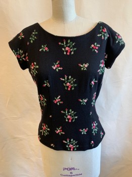 Womens, Top, DOROTHY KORBY, Black, Pink, Hot Pink, Green, Polyester, Floral, B: 34, Boat Neckline, Cap Sleeves, Vertical Seam, Darts