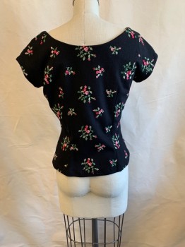 Womens, Top, DOROTHY KORBY, Black, Pink, Hot Pink, Green, Polyester, Floral, B: 34, Boat Neckline, Cap Sleeves, Vertical Seam, Darts