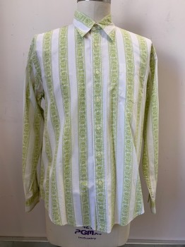 Mens, Shirt, Lucky Brand, White, Lime Green, Cotton, Stripes, Floral, L, LS, Button Front, Collar Attached, Chest Pocket