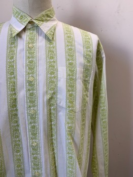 Lucky Brand, White, Lime Green, Cotton, Stripes, Floral, LS, Button Front, Collar Attached, Chest Pocket