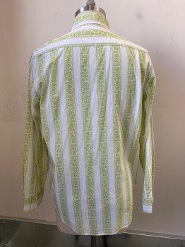Mens, Shirt, Lucky Brand, White, Lime Green, Cotton, Stripes, Floral, L, LS, Button Front, Collar Attached, Chest Pocket