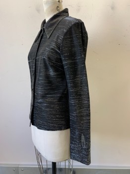 Womens, Blouse, XOXO, Iridescent Black, Silver, Polyester, 2 Color Weave, Stripes - Horizontal , B34, M, L/S, Button Front, Collar Attached, Fitted
