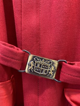 Mens, Jumpsuit, BILL PARRY, Cherry Red, Wool, Solid, L, Gabardine, L/S, Zip Front, Collar Attached, Attached Belt at Waist with Gold Buckle, 4 Patch Pockets in Front