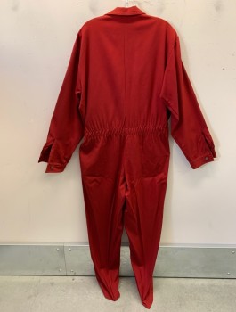 Mens, Jumpsuit, BILL PARRY, Cherry Red, Wool, Solid, L, Gabardine, L/S, Zip Front, Collar Attached, Attached Belt at Waist with Gold Buckle, 4 Patch Pockets in Front