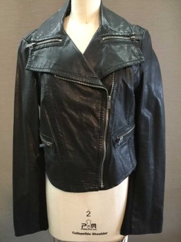 BCBG, Black, Leather, Polyester, Solid, Diagonal Zipper Front, Wide Collar with Zipper Detail, 2 Zip Pocket, Zipper Cuffs, Knit Inserts On Undersleeves, Some Damage From Topstick