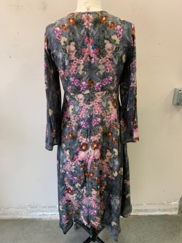 Womens, Dress, Long & 3/4 Sleeve, FEATHERS BY TOLANI, Dk Gray, Gray, Multi-color, Rayon, Floral, Faded, S, L/S, Button Front, V-N, Watercolor Style Print