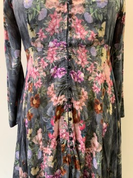 Womens, Dress, Long & 3/4 Sleeve, FEATHERS BY TOLANI, Dk Gray, Gray, Multi-color, Rayon, Floral, Faded, S, L/S, Button Front, V-N, Watercolor Style Print