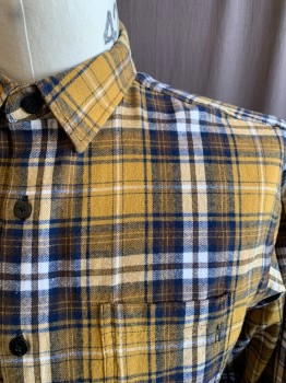 Mens, Casual Shirt, NANA JUDY, Ochre Brown-Yellow, Navy Blue, Brown, White, Cotton, Plaid, L, Flannel, Button Front, Collar Attached, 1 Pocket, Long Sleeves, Button Cuff, Raw Hem