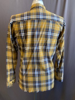 Mens, Casual Shirt, NANA JUDY, Ochre Brown-Yellow, Navy Blue, Brown, White, Cotton, Plaid, L, Flannel, Button Front, Collar Attached, 1 Pocket, Long Sleeves, Button Cuff, Raw Hem