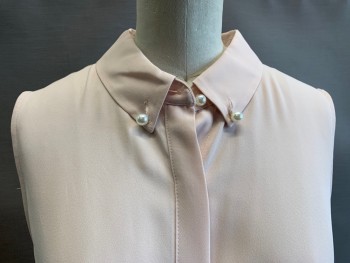 KARL LAGERFELD, Blush Pink, Polyester, Solid, Placket Over Button Front, Pearl Button Down Collar, Slvls,