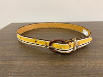 Womens, 1970s Vintage, Belt, BARDO FASHION, White, Goldenrod Yellow, Caramel Brown, Dk Brown, Synthetic, Floral, Stripes, Brown Buckle, Silver Studs