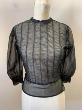 NL , Black, Polyester, Small Peter Pan Collar, Completely Sheer, Horizontal Pleats, Vertical Black Trim, Long Sleeves, Button Back