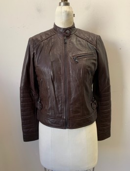 BERNARDO, Dk Brown, Leather, Solid, Band Collar, Zip Front, 3 Pockets,