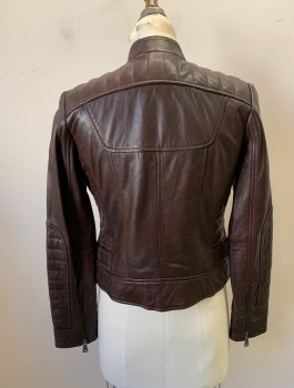 Womens, Leather Jacket, BERNARDO, Dk Brown, Leather, Solid, XS, Band Collar, Zip Front, 3 Pockets,