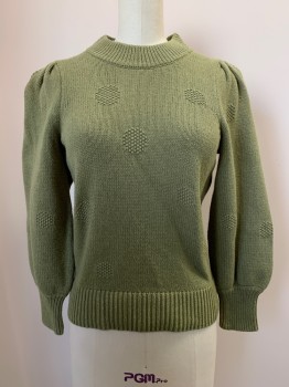 Womens, Pullover, MADEWELL, Lt Olive Grn, Cotton, Wool, B30, XXS, Puff Long Sleeves, Crew Neck, Circle Knit Detail