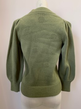 Womens, Pullover, MADEWELL, Lt Olive Grn, Cotton, Wool, B30, XXS, Puff Long Sleeves, Crew Neck, Circle Knit Detail