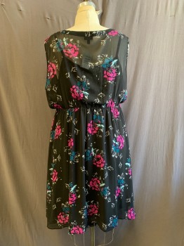 Womens, Dress, Sleeveless, TORRID, Black, Purple, Multi-color, Polyester, Floral, 2X, Round Neck, Keyhole CF, Elastic Waistband, Black Lace Dickie Attached, Black Lining, Teal Blue And Gray Details