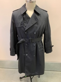 Mens, Coat, Trenchcoat, BOTANY 500, Black, Cotton, Synthetic, L, With Matching Belt, C.A., Double Breasted, Button Front, 2 Pockets, Epaulets, Removable Faux Fur Lining