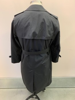 Mens, Coat, Trenchcoat, BOTANY 500, Black, Cotton, Synthetic, L, With Matching Belt, C.A., Double Breasted, Button Front, 2 Pockets, Epaulets, Removable Faux Fur Lining