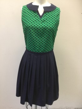Womens, Dress, Sleeveless, DEAR CREATURES, Green, Navy Blue, Polyester, Polka Dots, Solid, 2, Top Half is Green with Navy Polka Dots, Sleeveless, Pleated Skirt Bottom is Solid Navy, Round Solid Navy Collar, Round Neck with Notch at Center Front, Paper Bag Style Waist, Hem Above Knee