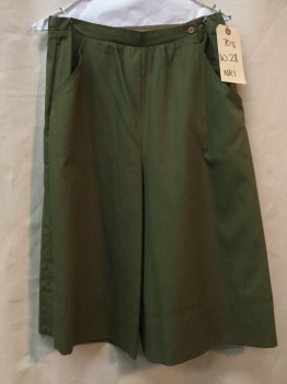 Womens, Shorts, NRI, Olive Green, Cotton, Polyester, Solid, W 28, Elastic Waist in Back, Just Below Knee Length, 2 Side Pockets, Button Closure at Side Front Waist, Culottes