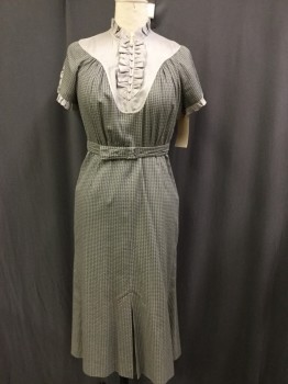 MTO, Gray, Olive Green, Teal Blue, Beige, Rayon, Cotton, Diamonds, Solid, Ankle Length, Side Zipper, Kick Pleat Front and Back, Belt Loops, Mating Belt with Buckle, Contrasting Dotted Jacquard Yoke with Ruffle Bib and Ruffle Trim High Collar and On Short Sleeves,