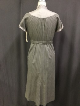 MTO, Gray, Olive Green, Teal Blue, Beige, Rayon, Cotton, Diamonds, Solid, Ankle Length, Side Zipper, Kick Pleat Front and Back, Belt Loops, Mating Belt with Buckle, Contrasting Dotted Jacquard Yoke with Ruffle Bib and Ruffle Trim High Collar and On Short Sleeves,