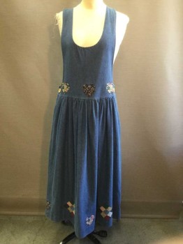 Womens, Jumper, REQUIREMENTS, Denim Blue, Multi-color, Cotton, Floral, Hearts, Chambray, Floral Print Heart Appliqués, Sleeveless, Scoop Neck, Gathered Waist, Button Up Sides, 2 Pockets, Teacher