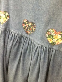 Womens, Jumper, REQUIREMENTS, Denim Blue, Multi-color, Cotton, Floral, Hearts, Chambray, Floral Print Heart Appliqués, Sleeveless, Scoop Neck, Gathered Waist, Button Up Sides, 2 Pockets, Teacher