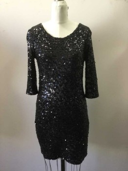 B B DAKOTA, Black, Sequins, Spandex, Solid, Stretch Sequinned All Over, Scoop Neck, 3/4 Sleeves. Length to Above Knee