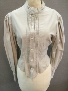 N/L, Beige, Cream, Cotton, Stripes - Micro, Long Sleeve Button Front, Stand Collar, Vertical Pleats At Center Front Button Placket, Puffy Gathered Sleeves, Pleated Detail  At Center Back Hem, Made To Order,