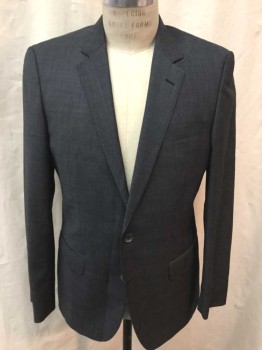 Mens, Suit, Jacket, HUGO BOSS, Gray, Dk Gray, Wool, Speckled, 36R, Gray/Black Microcheck/Speck, Single Breasted, Notched Lapel, 2 Buttons, 3 Pockets, Dark Gray with White Dots Lining