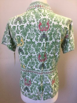 N/L, Green, White, Magenta Purple, Yellow, Black, Cotton, Abstract , Paisley/Swirls, Short Sleeves, Button Front, Collar Attached, 4 Flap Pockets, Back Waistband Insert